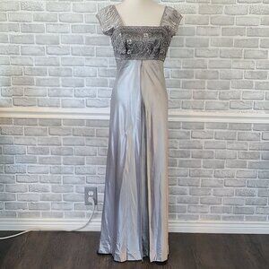 Vintage Silver Metallic Embellished Bridgerton Ball Gown Regency Empire Waist 10